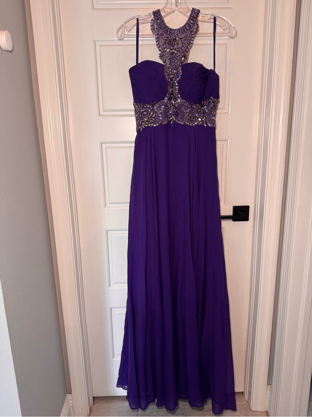madison james Purple Beaded Chiffon Prom Dress